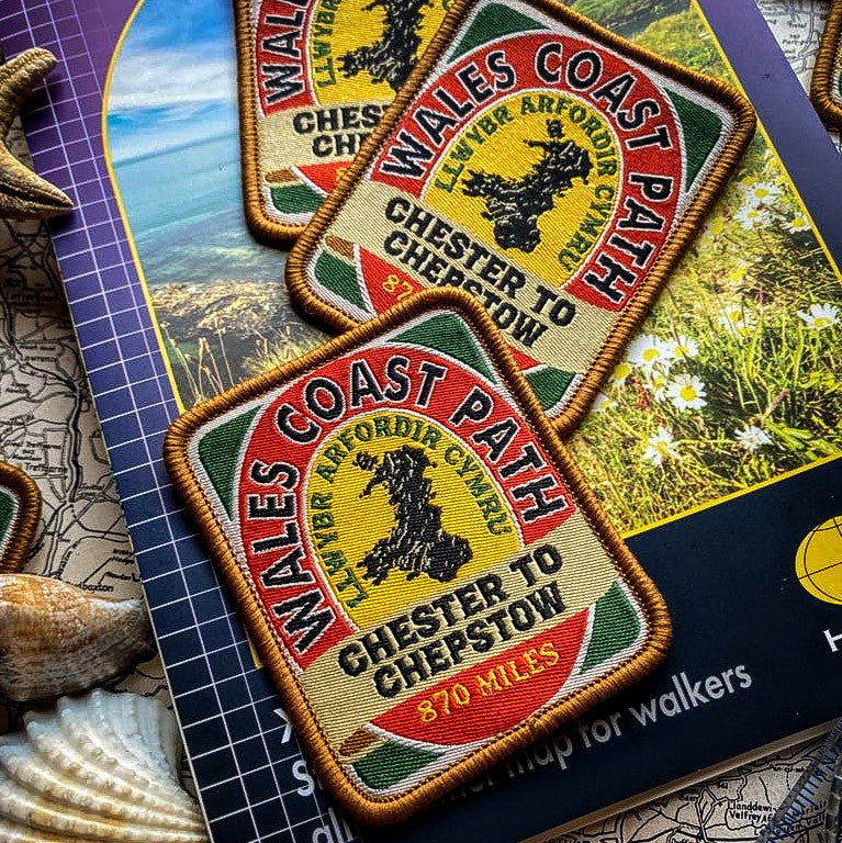 Wales Coast Path patch and map displayed together – retro woven trail patch for Welsh coastal walkers