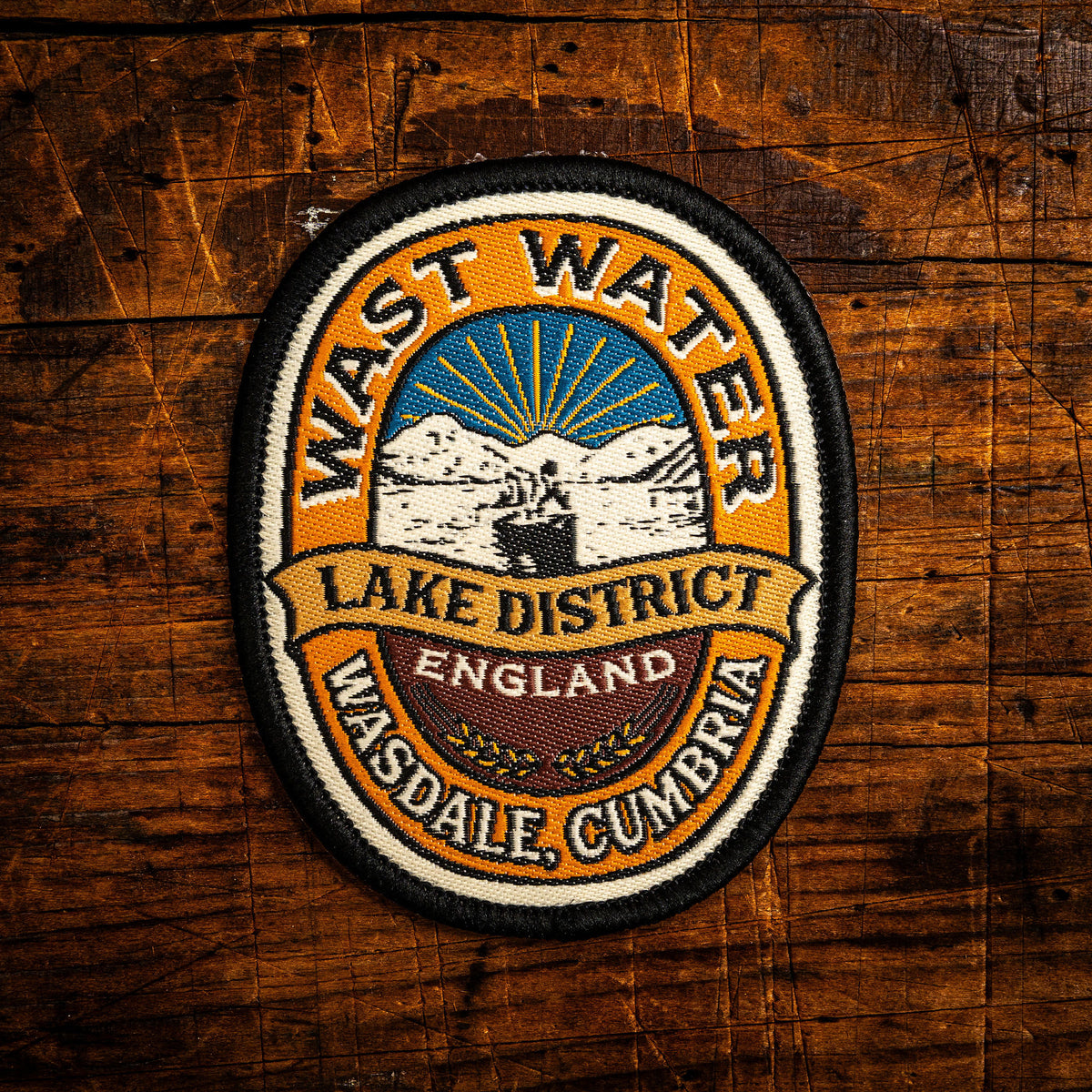 Wast Water retro woven patch - deepest lake in England, Lake District, beer pump clip design, iron-on