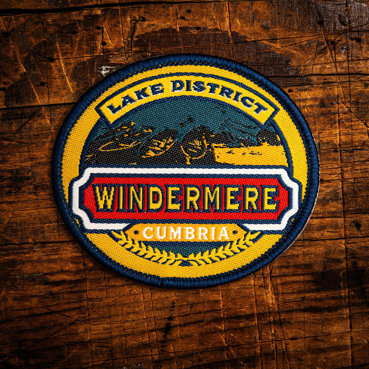 Windermere retro woven patch – iconic Lake District lake and town, beer pump clip design, iron-on backing