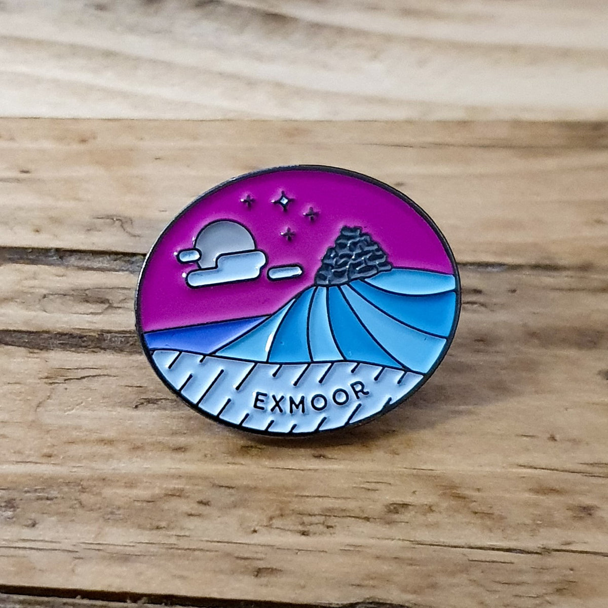 Exmoor National Park enamel pin – Dunkery Beacon design, 23mm x 26mm, letterpress backing card