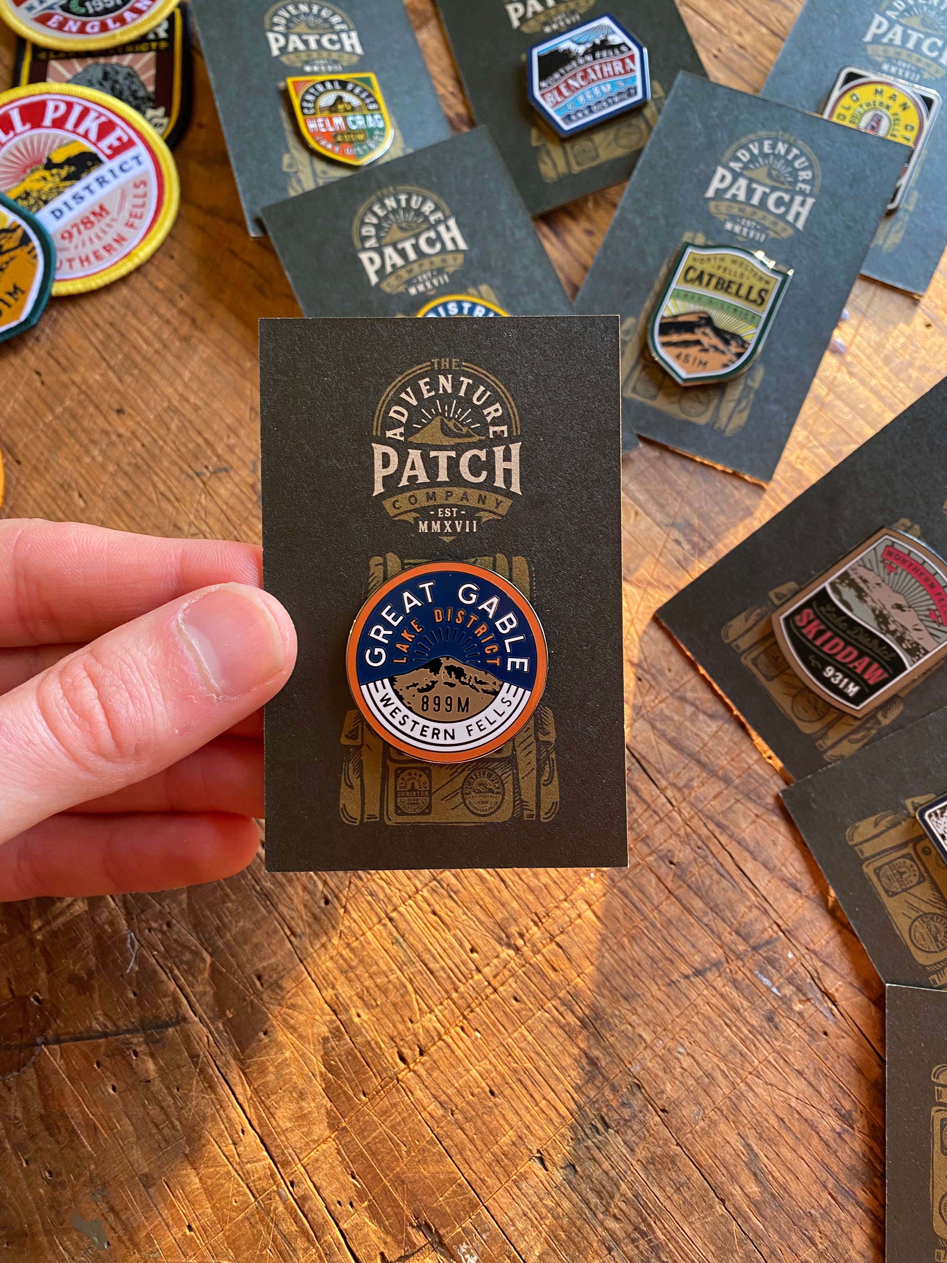 Great Gable enamel pin displayed on backing card – Lake District Fells hard enamel pin