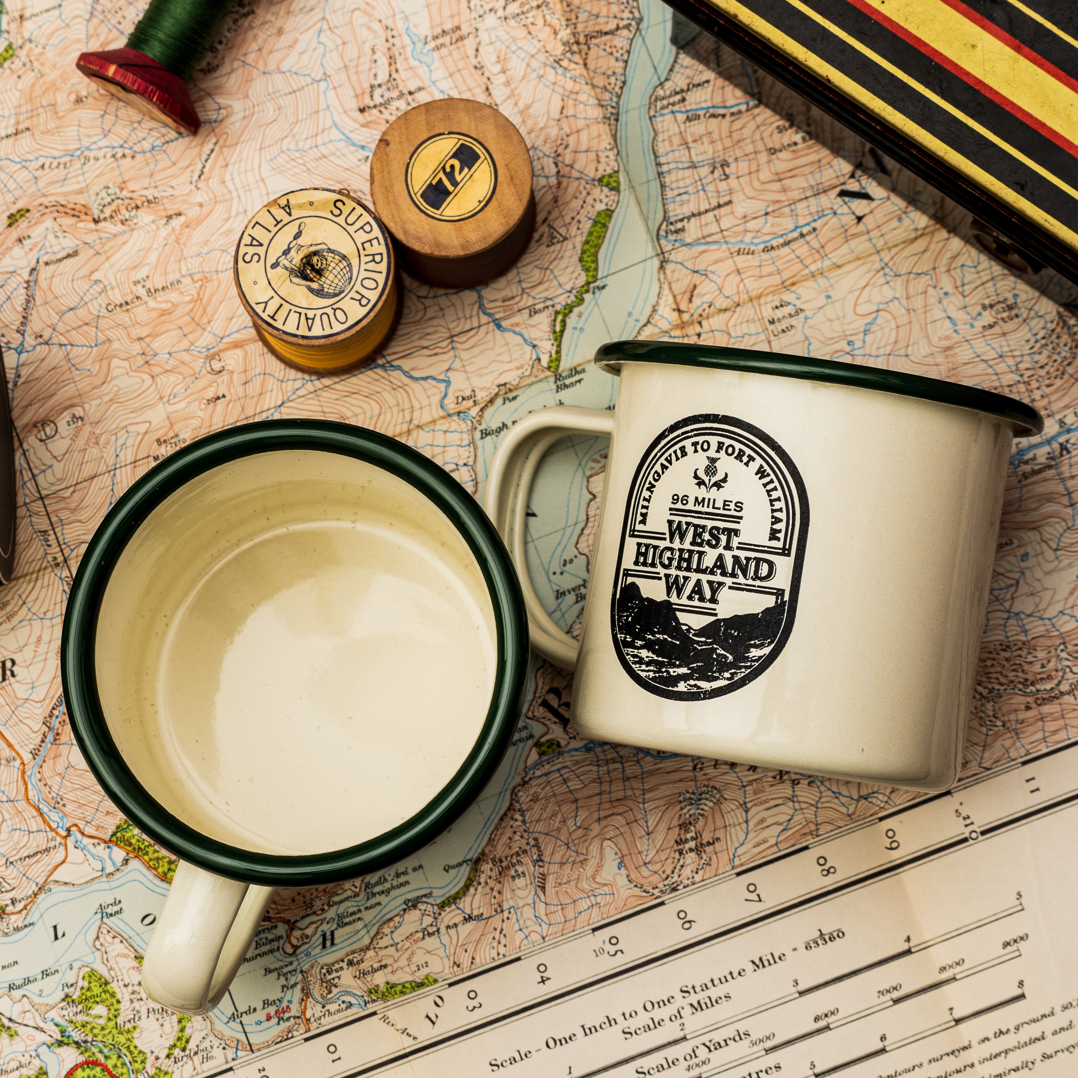 West Highland Way camp mug close-up detail - retro whisky label design enamel camping mug