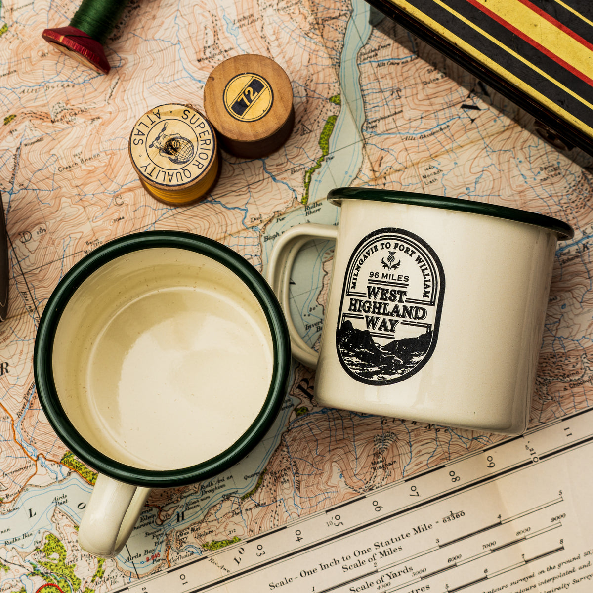 West Highland Way camp mug close-up detail - retro whisky label design enamel camping mug