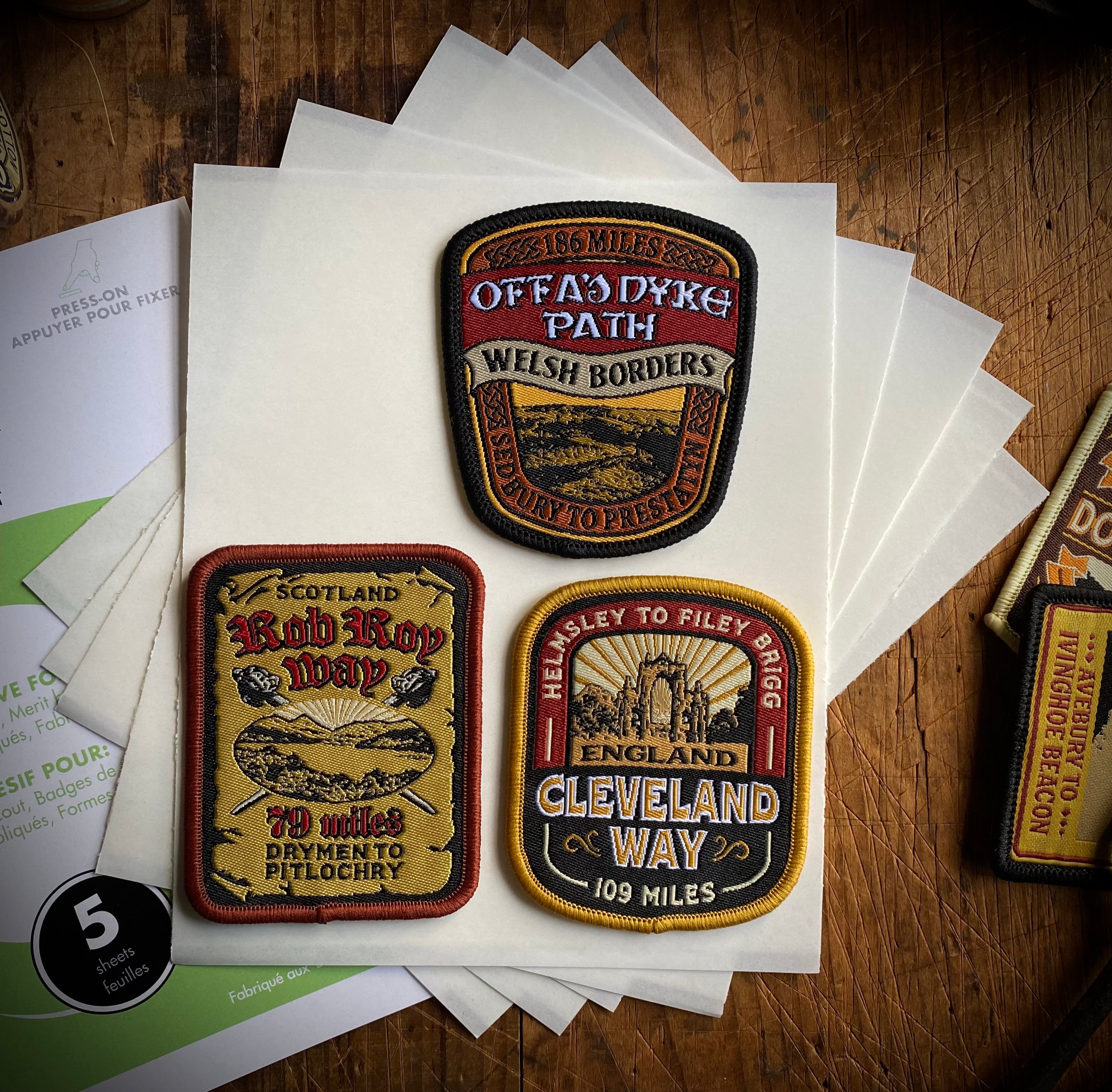 Patch adhesive sheets and Cleveland Way patch - retro woven hiking patches for outdoor gear
