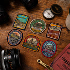 Cotswolds woven patches collection displayed together - retro hiking patches including Cleeve Hill