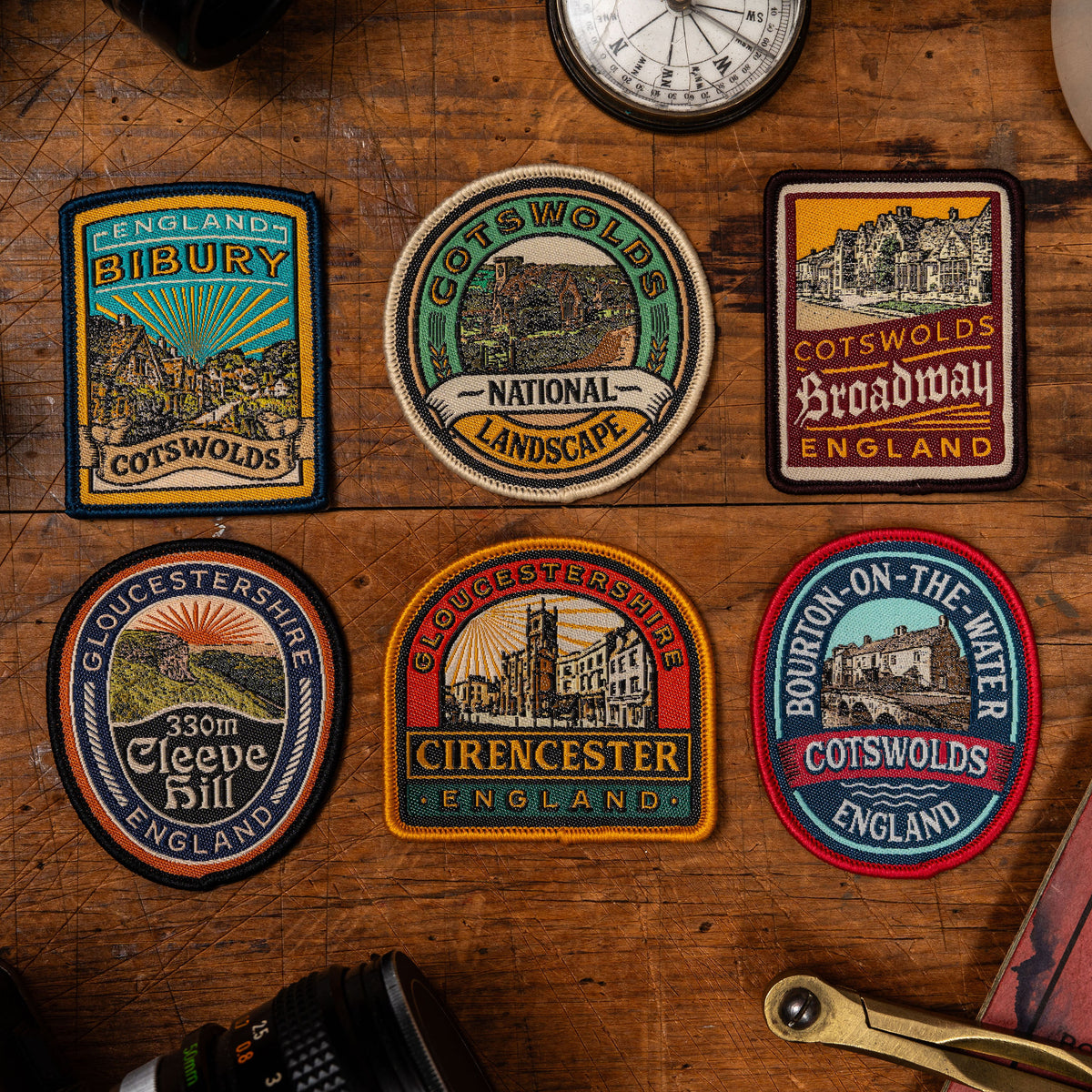 Six Cotswolds woven patches collection - retro hiking patches for Cotswolds walkers and outdoor enthusiasts