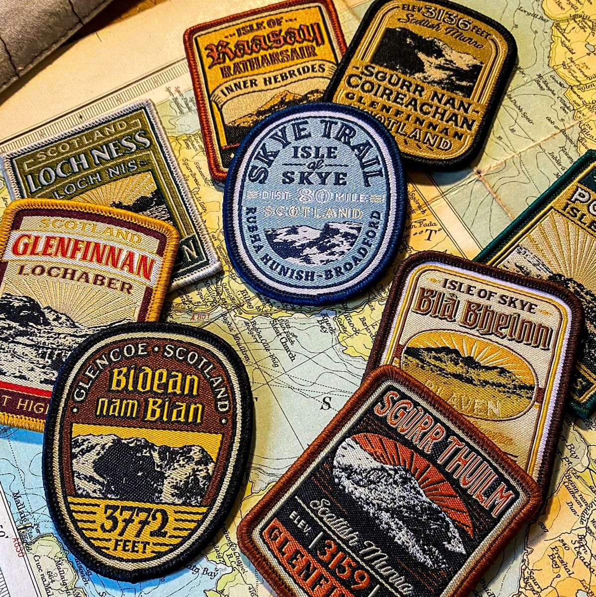 Scottish Mountain patches including Sgurr Thuilm - retro whisky label woven patches collection