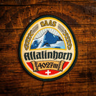 Allalinhorn retro woven patch – classic 4000m Alpine peak, Switzerland, iron-on backing, recycled yarn