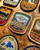European Alps patches angled on old map – Allalinhorn patch included in retro woven collection