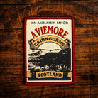 Aviemore retro woven patch – popular outdoor hub in Cairngorms National Park, Scotland, whisky label design