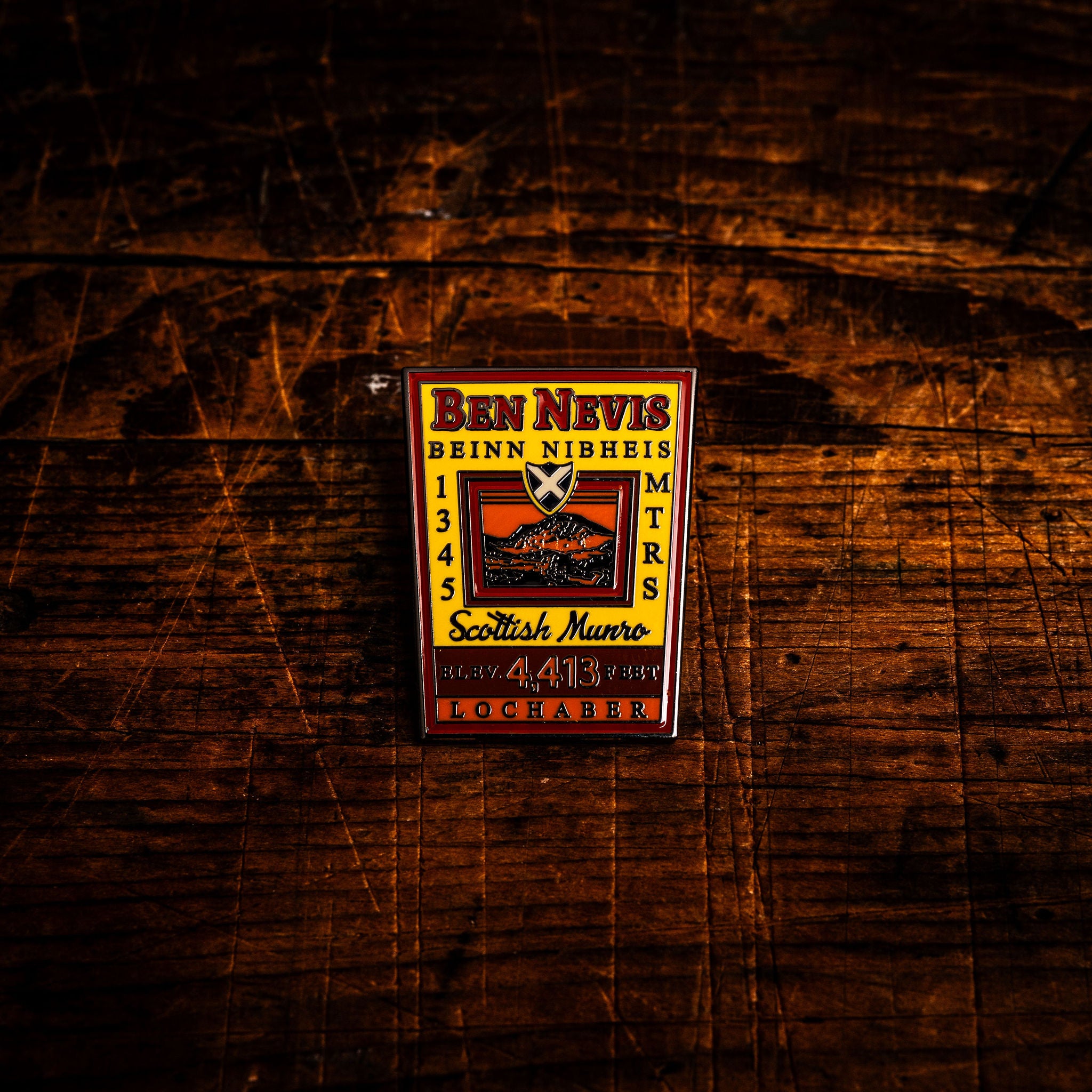 Ben Nevis hard enamel pin - highest mountain in Scotland and UK, whisky label design, butterfly clasp