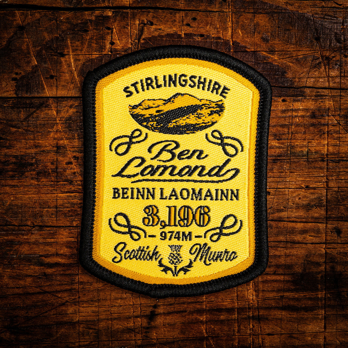 Ben Lomond retro woven patch – iconic Scottish Munro, Loch Lomond, whisky label design, iron-on