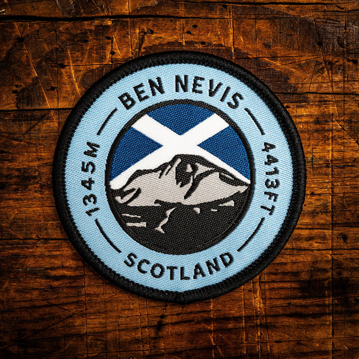 Ben Nevis retro woven patch – highest mountain in Scotland and the UK, iron-on backing, recycled yarn