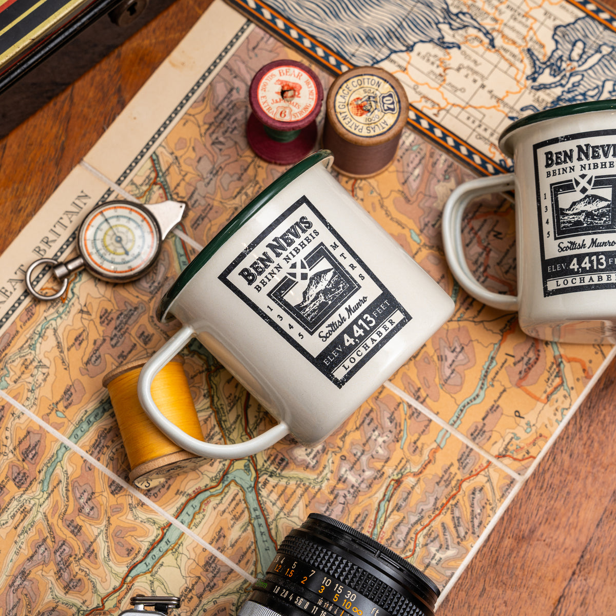 Ben Nevis hard enamel camp mug - highest mountain in Scotland and UK, retro whisky label design