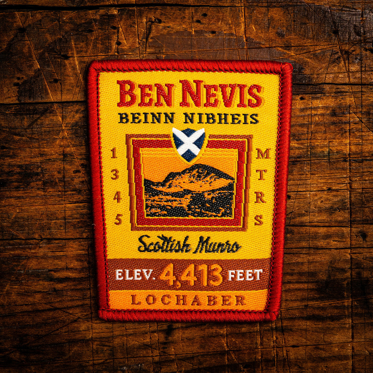 Ben Nevis retro woven patch – highest mountain in Scotland, whisky label design, iron-on backing