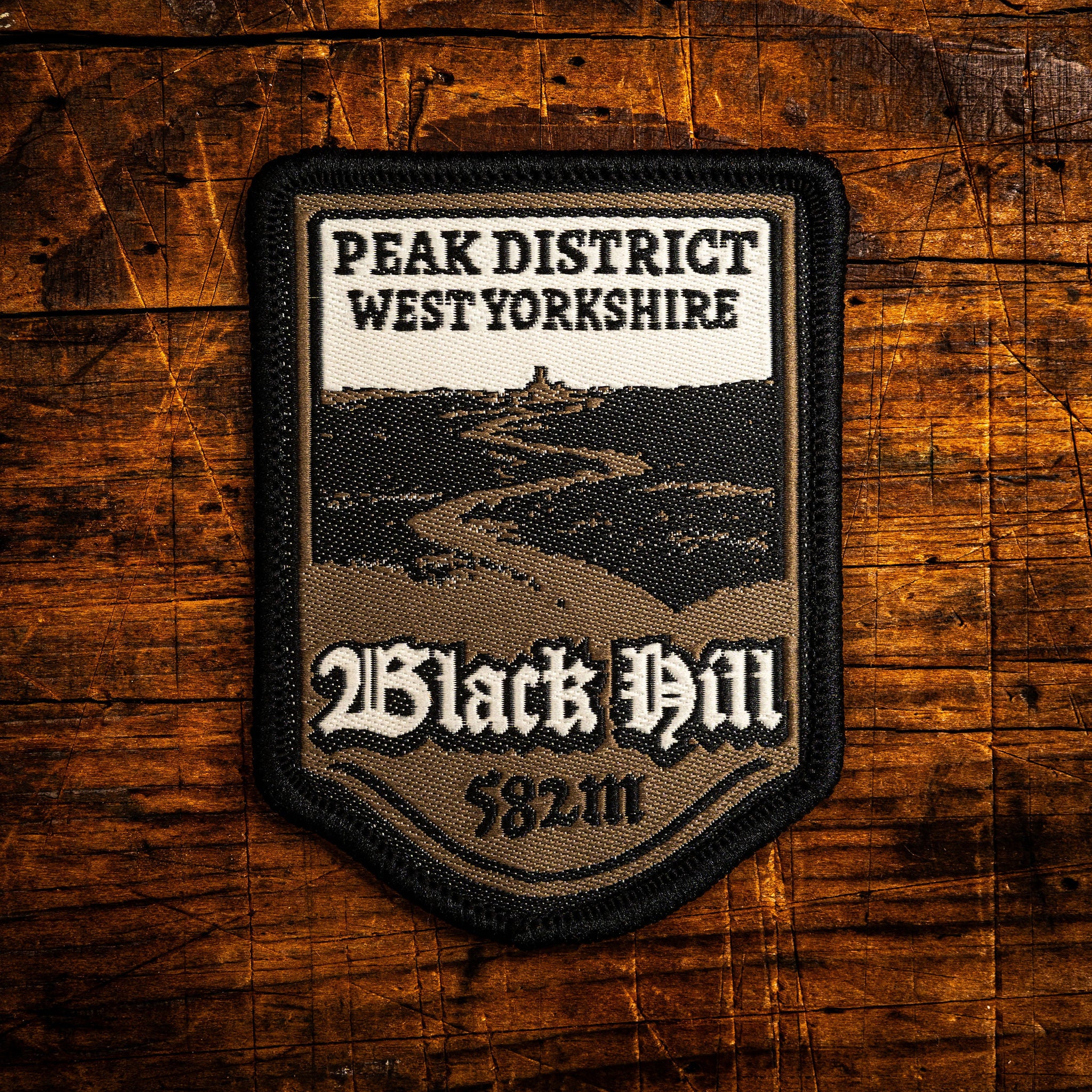 Black Hill retro woven patch – highest point in West Yorkshire, Peak District, pub sign design, iron-on