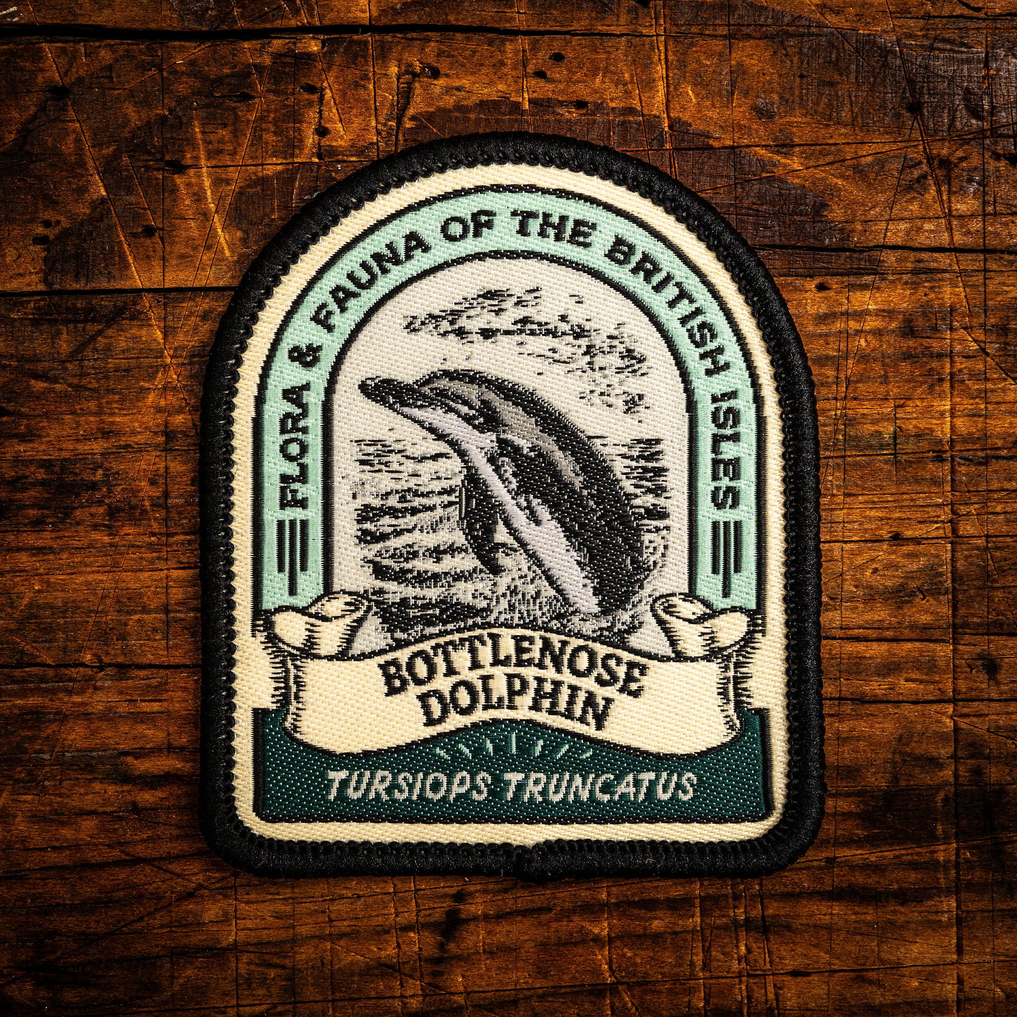 Bottlenose Dolphin retro woven patch - intelligent British coastal mammal, wildlife patch, iron-on
