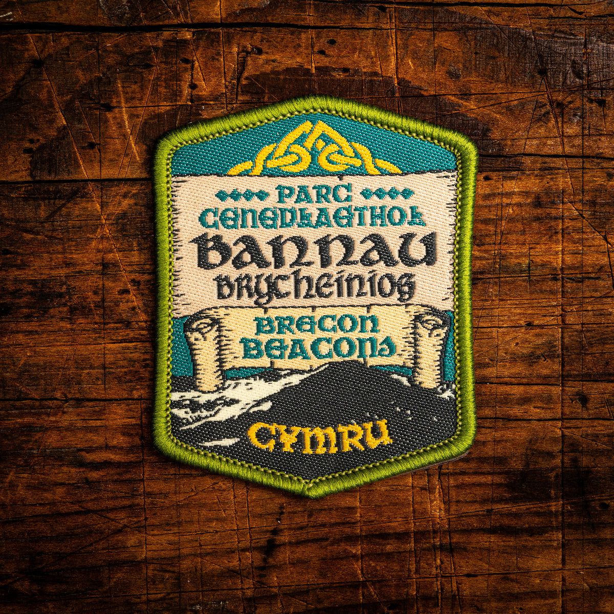 Bannau Brycheiniog (Brecon Beacons) Celtic design woven patch – Welsh national park, iron-on backing