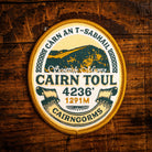Cairn Toul retro woven patch – iconic Cairngorms Munro, Scotland, whisky label design, iron-on backing