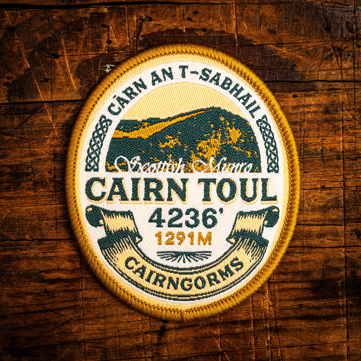 Cairn Toul retro woven patch – iconic Cairngorms Munro, Scotland, whisky label design, iron-on backing