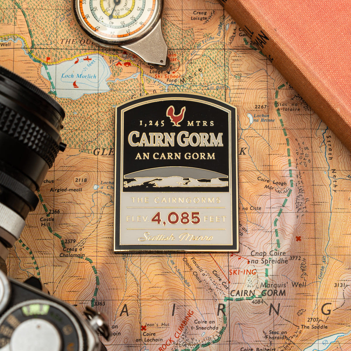 Cairn Gorm hard enamel fridge magnet - iconic Cairngorms Munro, Scotland, whisky label design