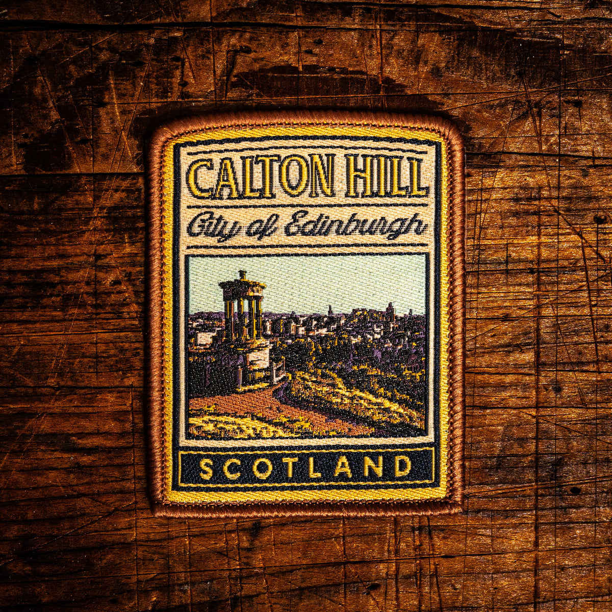 Calton Hill retro woven patch - Edinburgh's famous hilltop with panoramic city views, iron-on backing