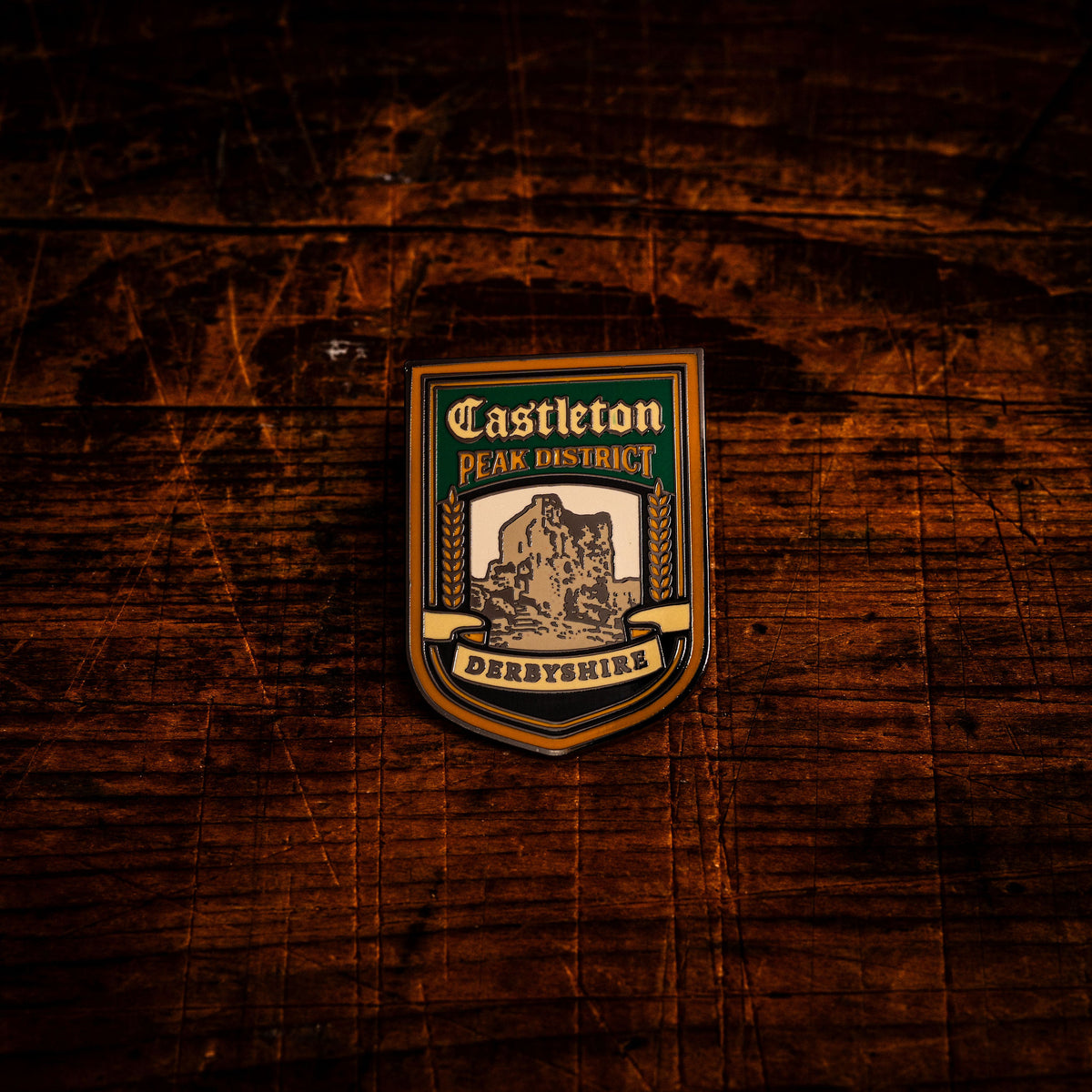 Castleton hard enamel pin - Peak District village in the Hope Valley, pub sign design, butterfly clasp