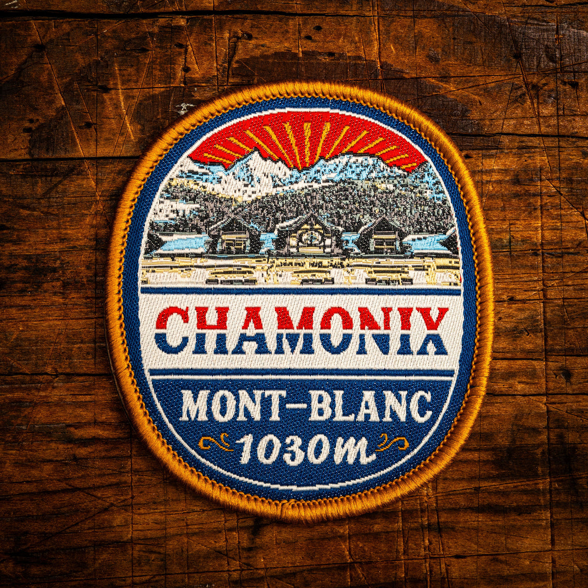 Chamonix retro woven patch – famous French Alpine resort town, iron-on backing, recycled yarn
