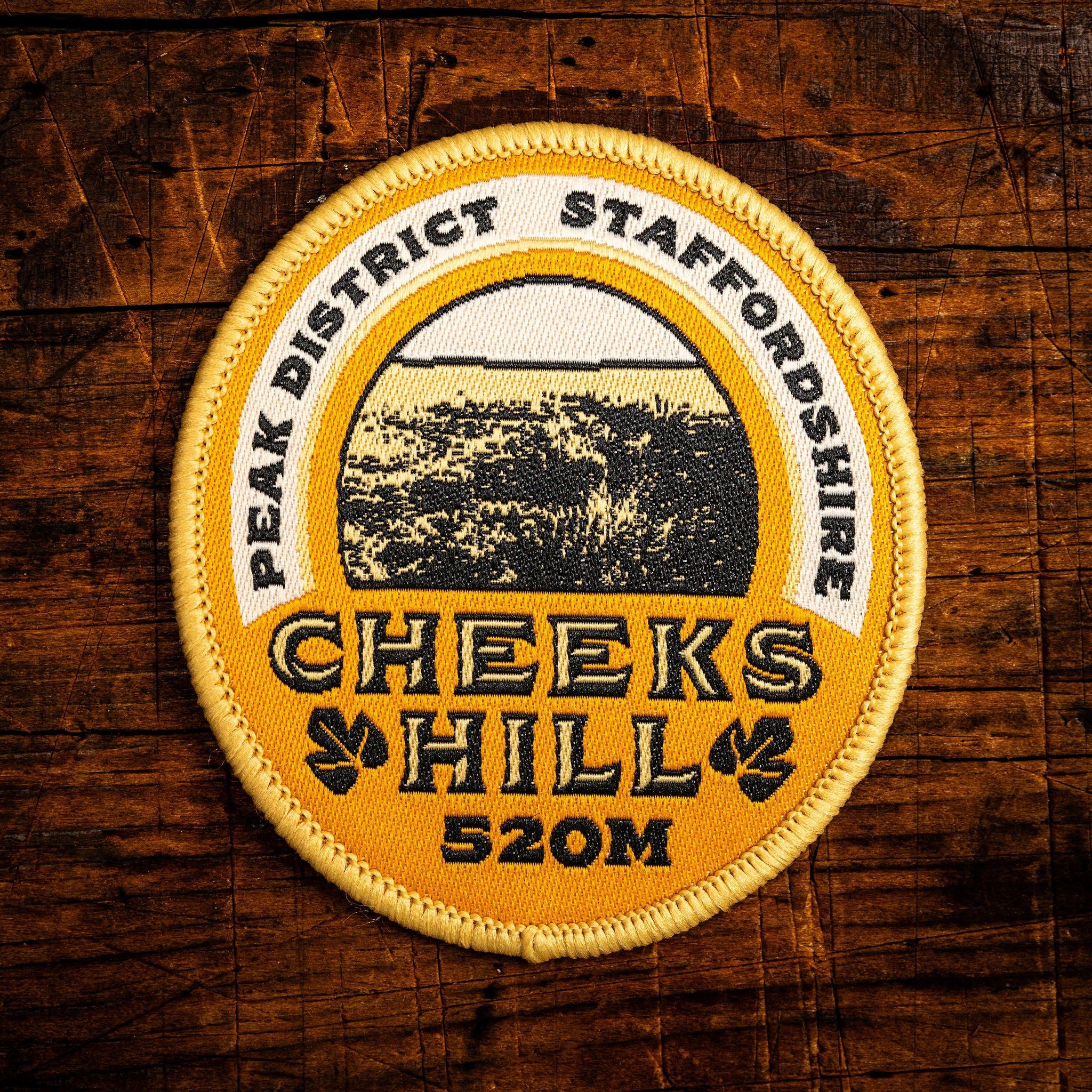Cheeks Hill retro woven patch – highest point in Staffordshire, Peak District, pub sign design, iron-on