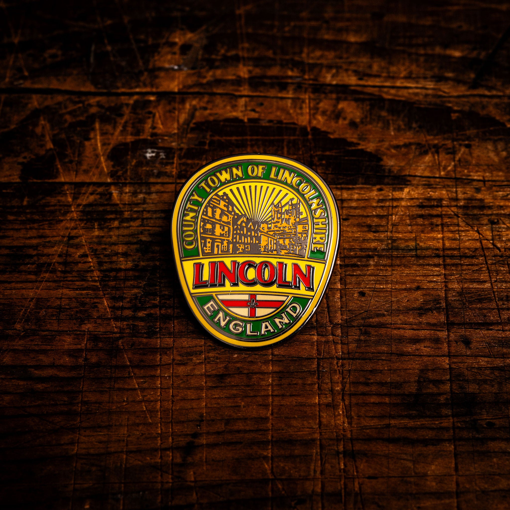 City of Lincoln hard enamel pin - historic cathedral city in Lincolnshire, pub sign design, butterfly clasp