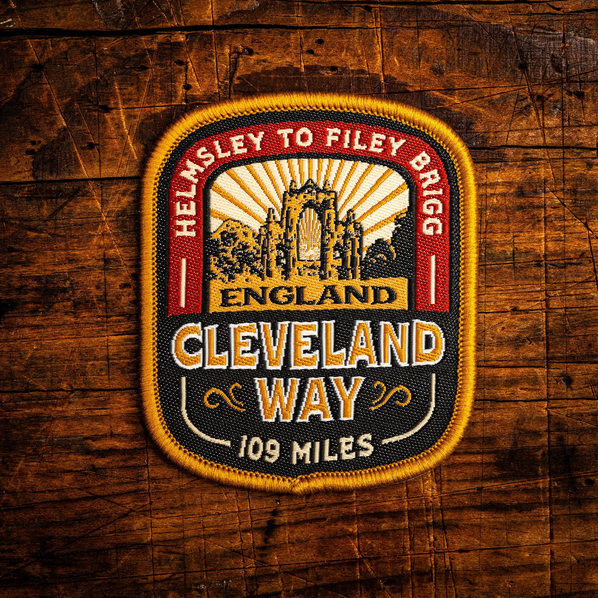 Cleveland Way retro woven patch - national trail through North York Moors and coast, iron-on backing