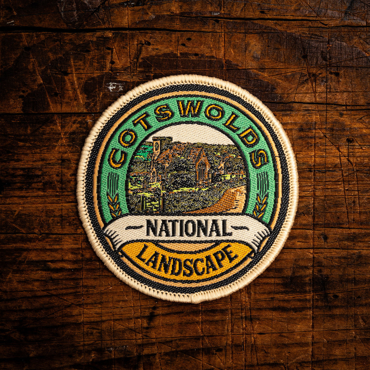Cotswolds National Landscape retro woven patch - rolling English countryside AONB, iron-on backing
