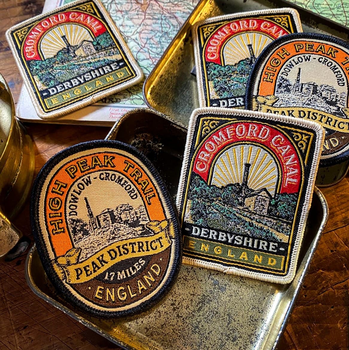 Peak District patches including Cromford Canal - retro woven hiking patches collection
