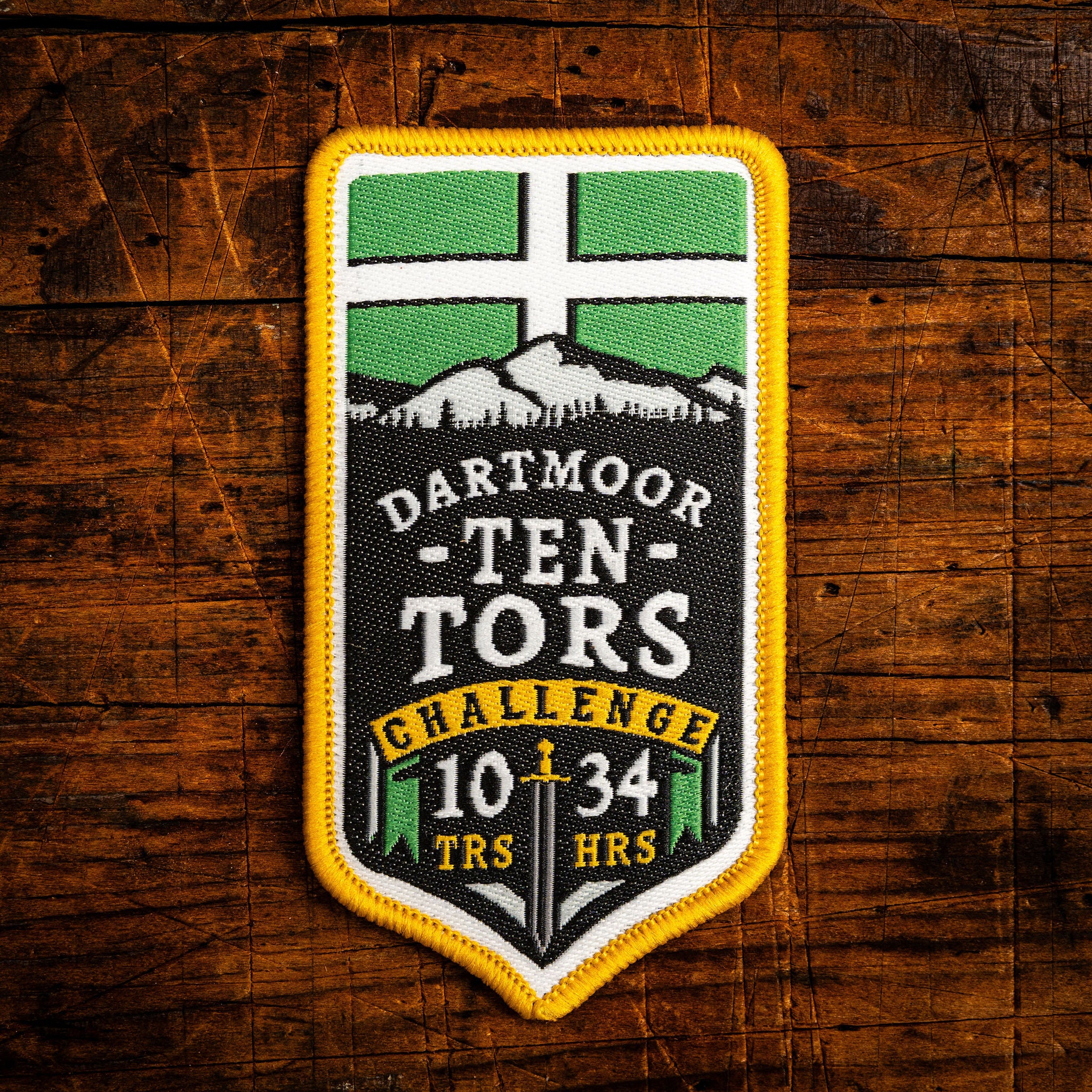 Ten Tors Challenge retro woven patch – Dartmoor 10 tors in 34hrs challenge, iron-on backing, recycled yarn