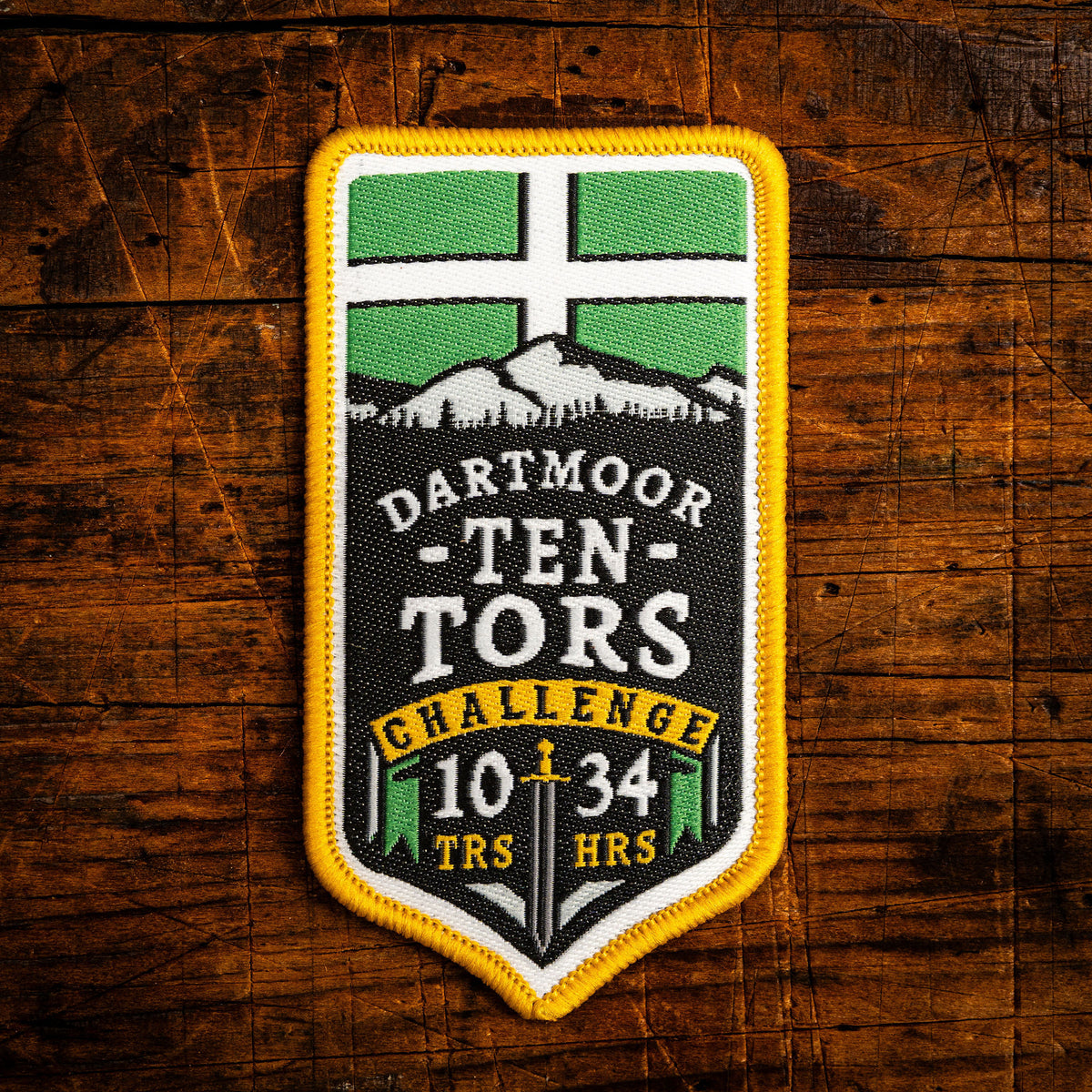 Ten Tors Challenge retro woven patch – Dartmoor 10 tors in 34hrs challenge, iron-on backing, recycled yarn