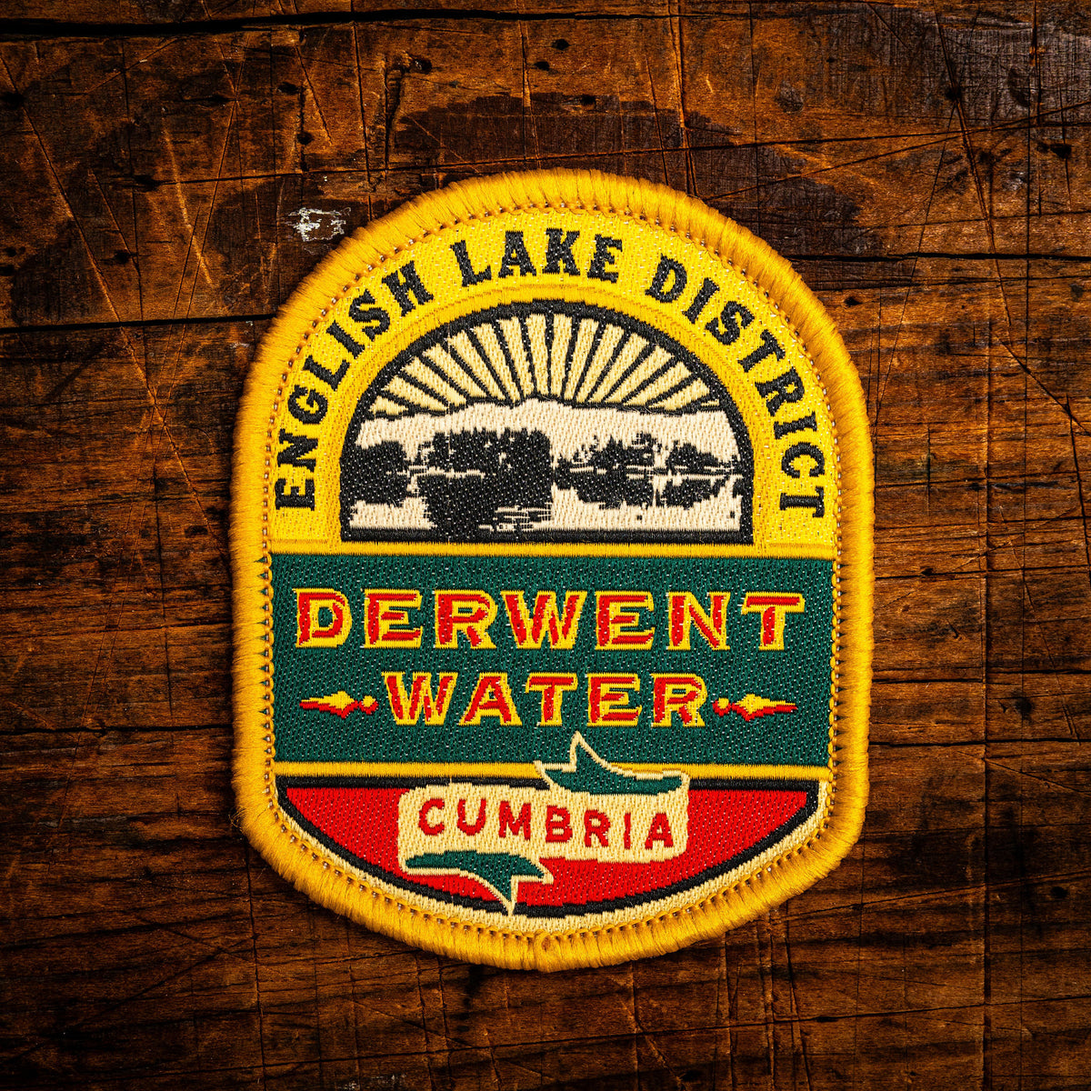 Derwentwater retro woven patch – beautiful Lake District lake near Keswick, beer pump clip design, iron-on
