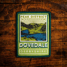 Dovedale retro woven patch – Peak District, pub sign design, iron-on backing, recycled yarn