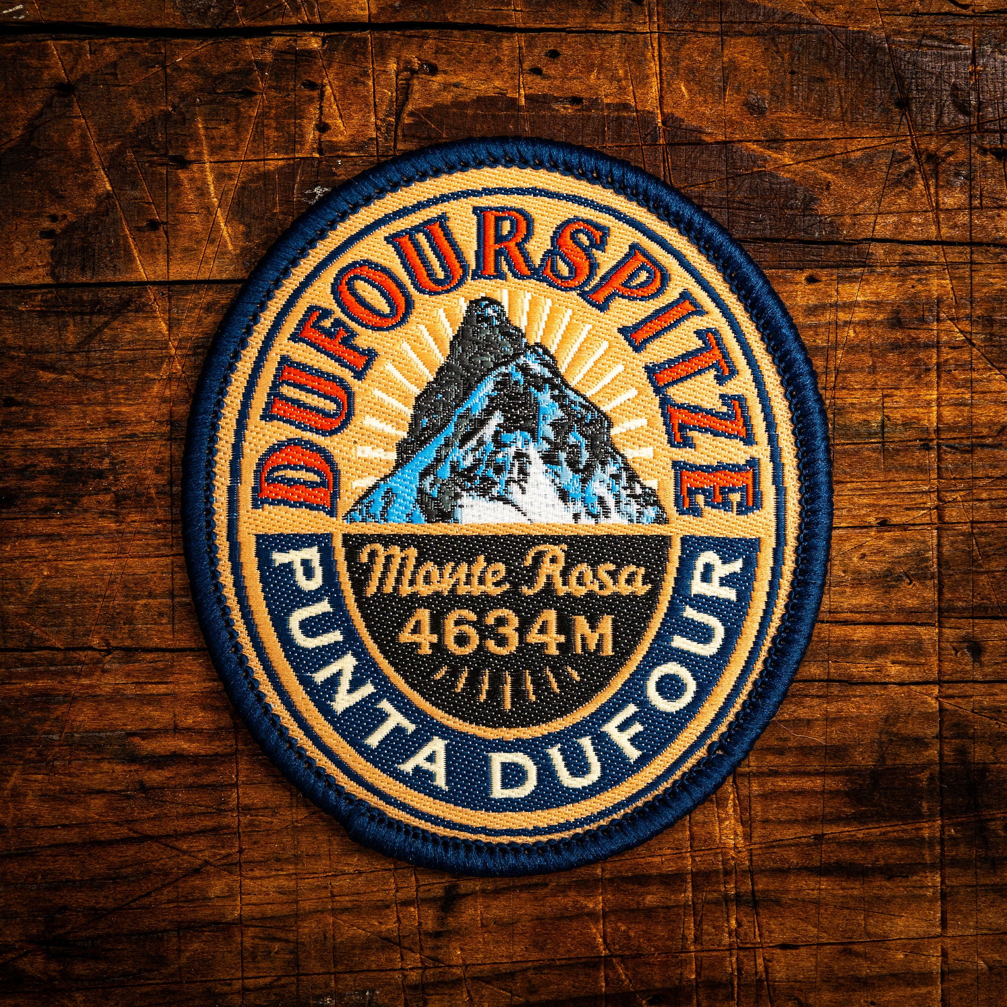 Dufourspitze retro woven patch – highest peak on Monte Rosa massif, Alps, iron-on backing