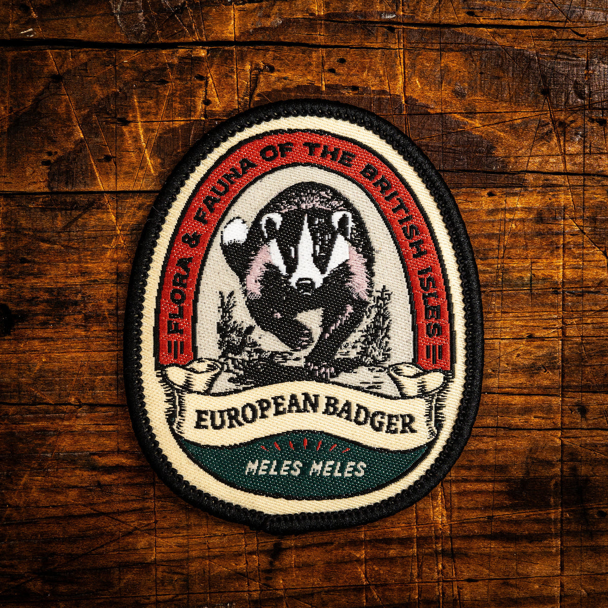European Badger retro woven patch - iconic British nocturnal mammal, wildlife patch, iron-on backing