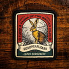 European Hare retro woven patch - iconic British wildlife, wildlife patch, iron-on backing, recycled yarn
