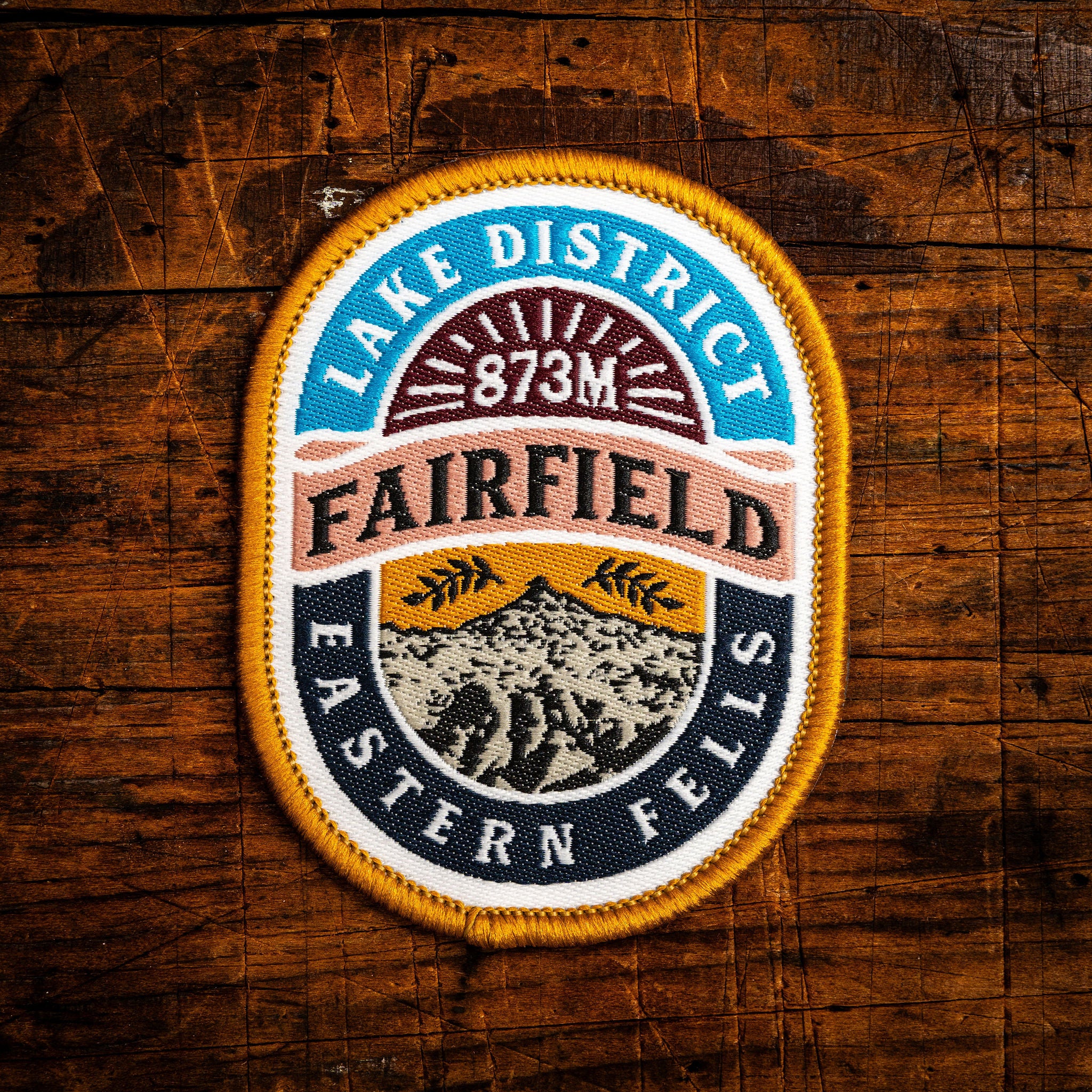 Fairfield retro woven patch – Southern Fells Wainwright, Lake District, iron-on backing, recycled yarn