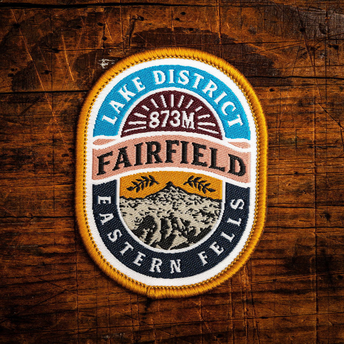 Fairfield retro woven patch – Southern Fells Wainwright, Lake District, iron-on backing, recycled yarn