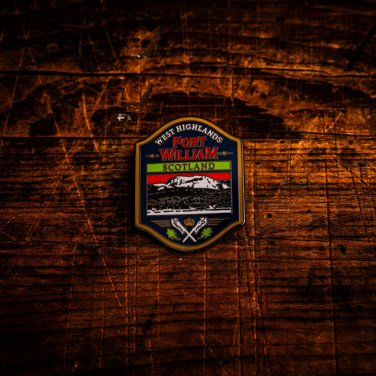 Fort William hard enamel pin - gateway to the West Highlands, whisky label design, butterfly clasp