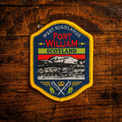 Fort William retro woven patch – gateway to the West Highlands, Scotland, whisky label design, iron-on