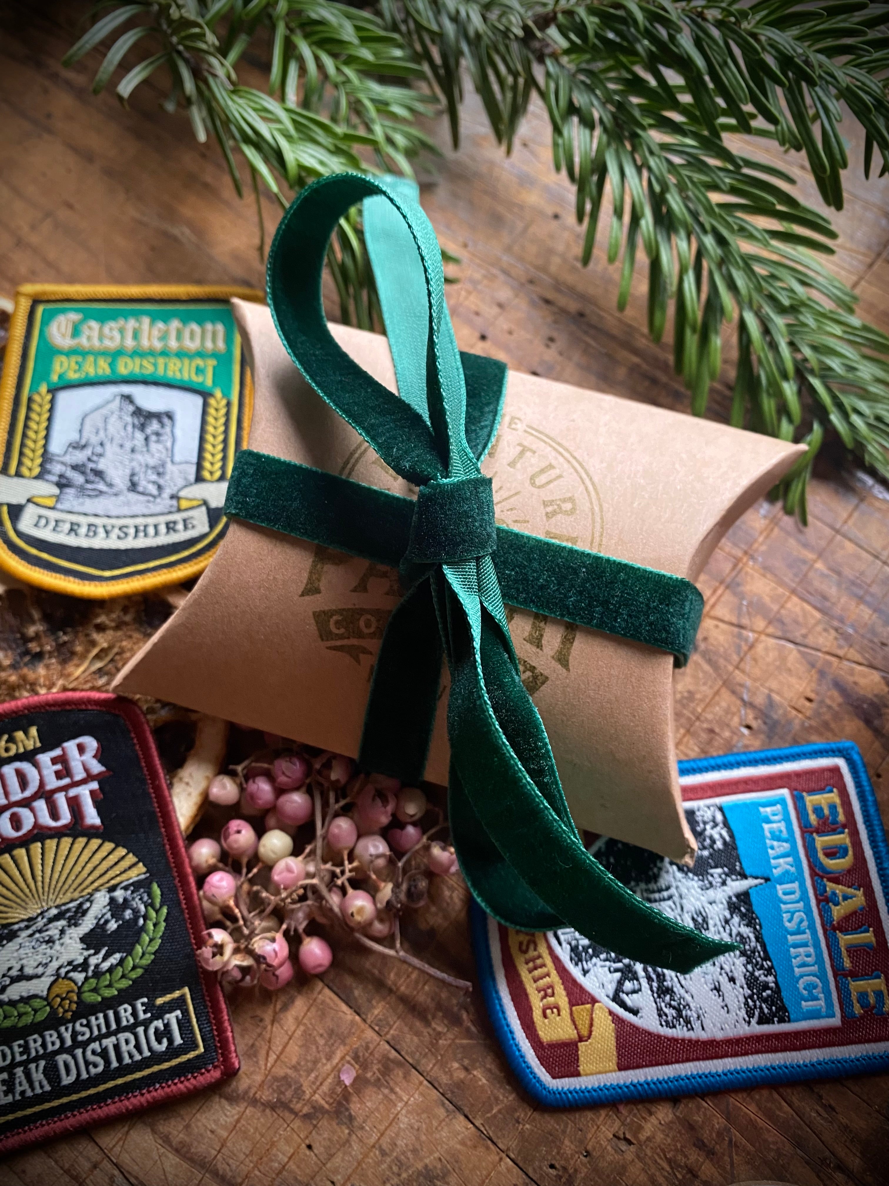 Adventure Patch Company gift envelope with festive styling – recycled card gift packaging for hiking patches