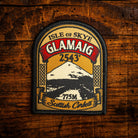 Glamaig retro woven patch – iconic Corbett on Isle of Skye, Scotland, whisky label design, iron-on backing