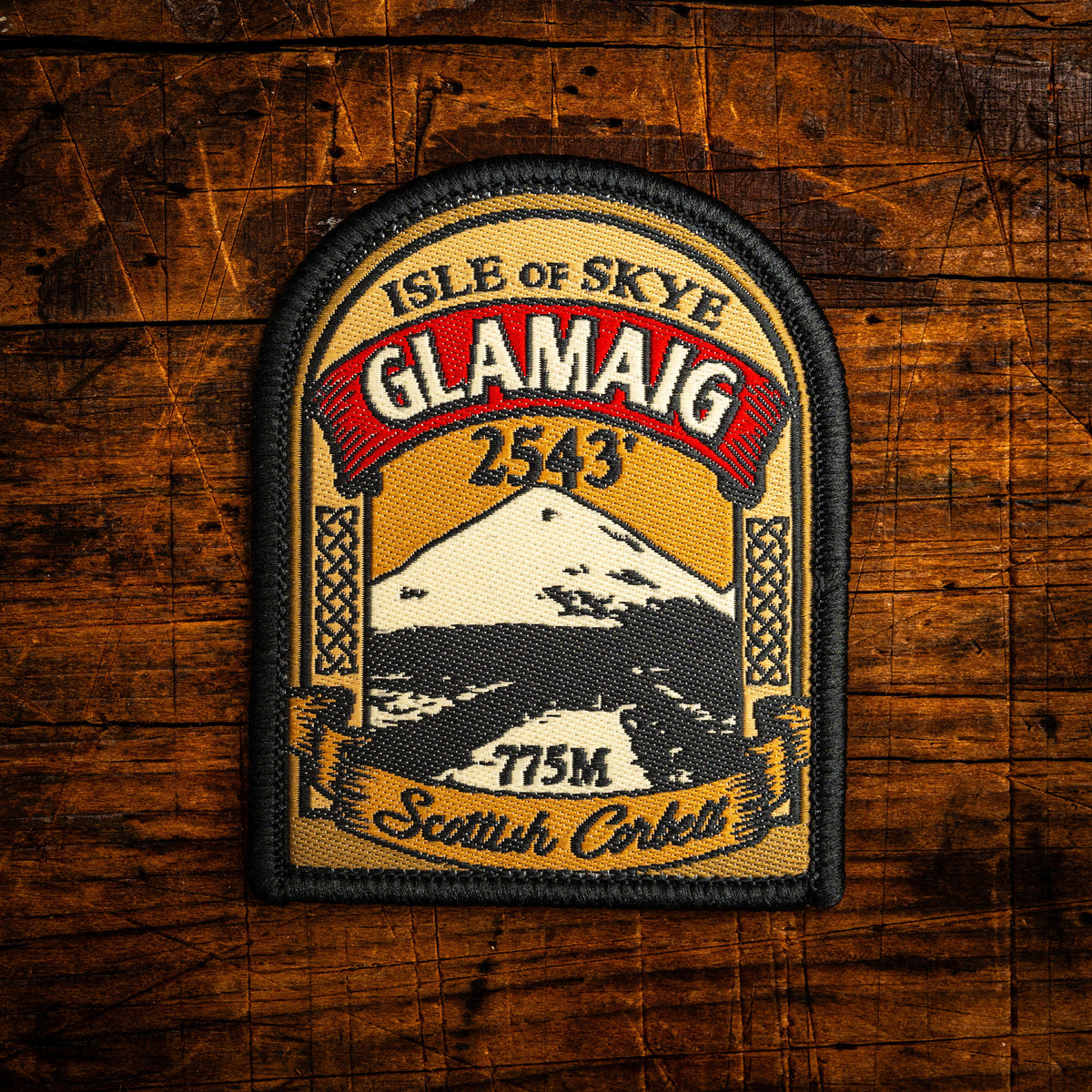 Glamaig retro woven patch – iconic Corbett on Isle of Skye, Scotland, whisky label design, iron-on backing