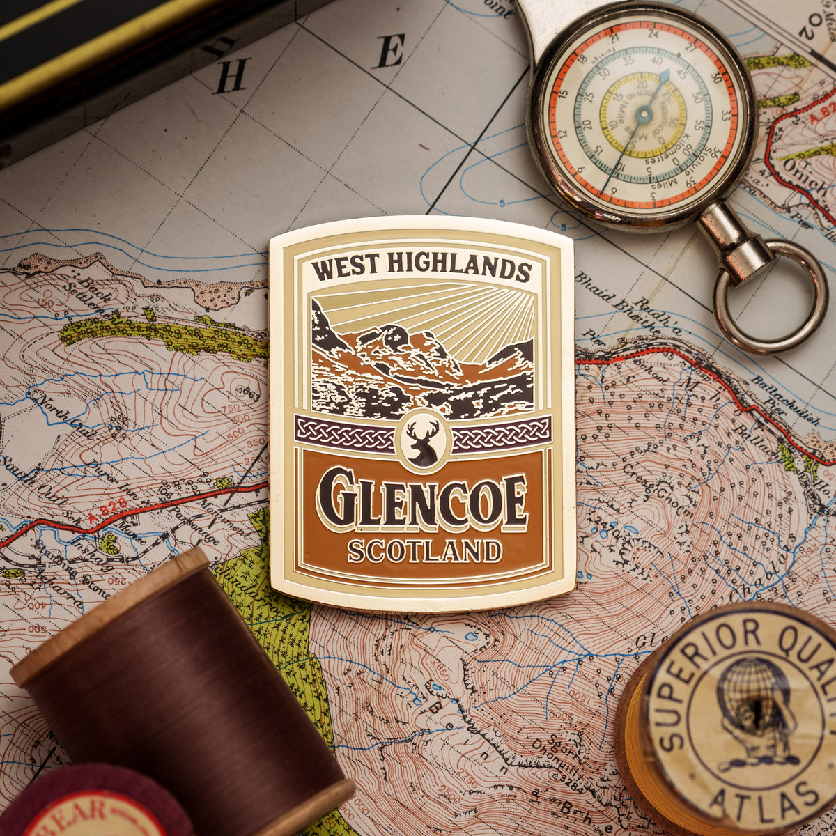 Glencoe hard enamel fridge magnet - stunning West Highlands glen, whisky label design