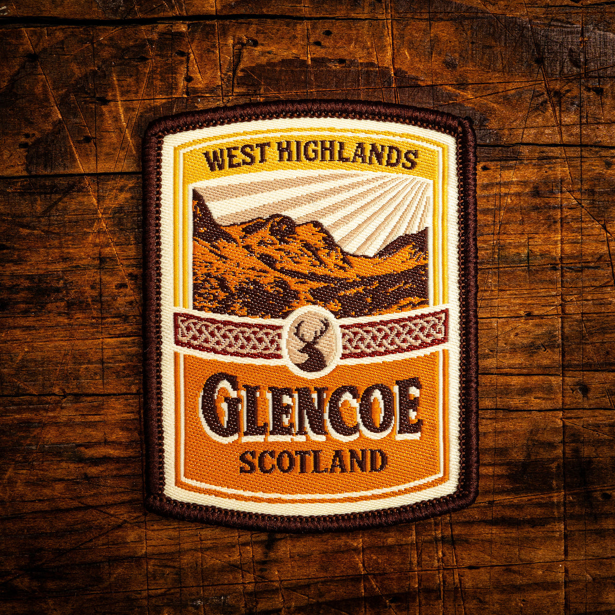 Glencoe retro woven patch – stunning West Highlands glen, Scotland, whisky label design, iron-on backing