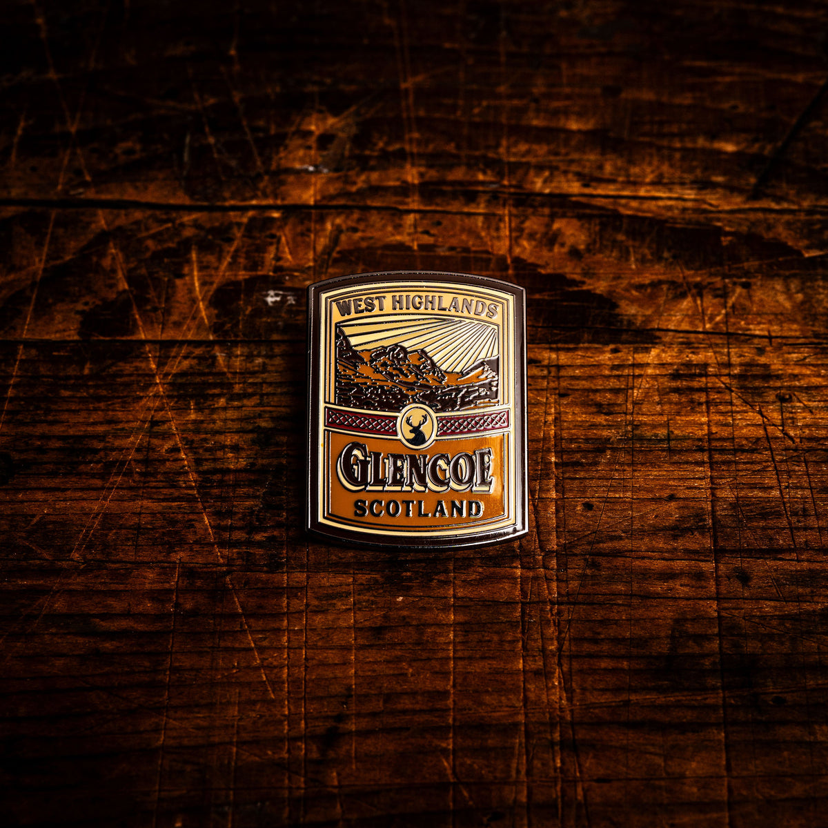 Glencoe hard enamel pin - stunning West Highlands glen, whisky label design, butterfly clasp